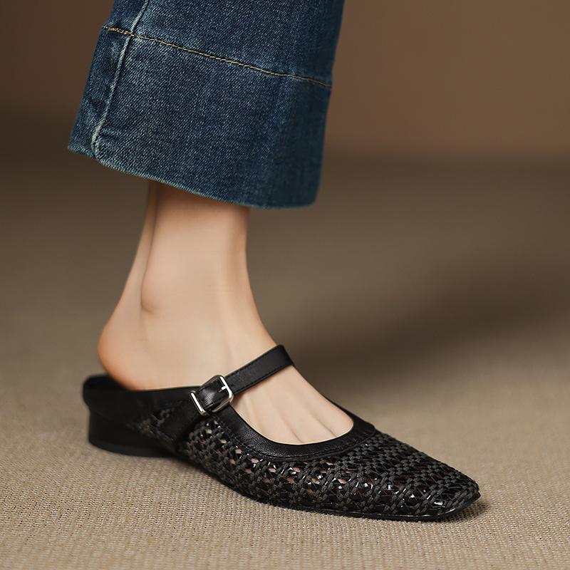 Fashion 2025 Summer Weave Women Slippers Genuine Leather Women Shoes Sqaure Toe Low Heel Cover Toe Slingback Women Mules Hollow Shoes