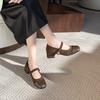 2025 New Thick Heel Mary Jane Single Shoes Women's New Spring French Mid Heel Evening Black Square Head Small Shoes