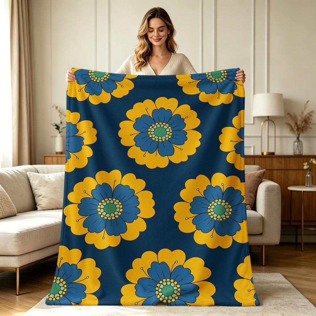 Soft Flannel Blanket with Retro Floral Print All Season Warm Throw Blanket for Sofa Couch Bed Office Home Decor