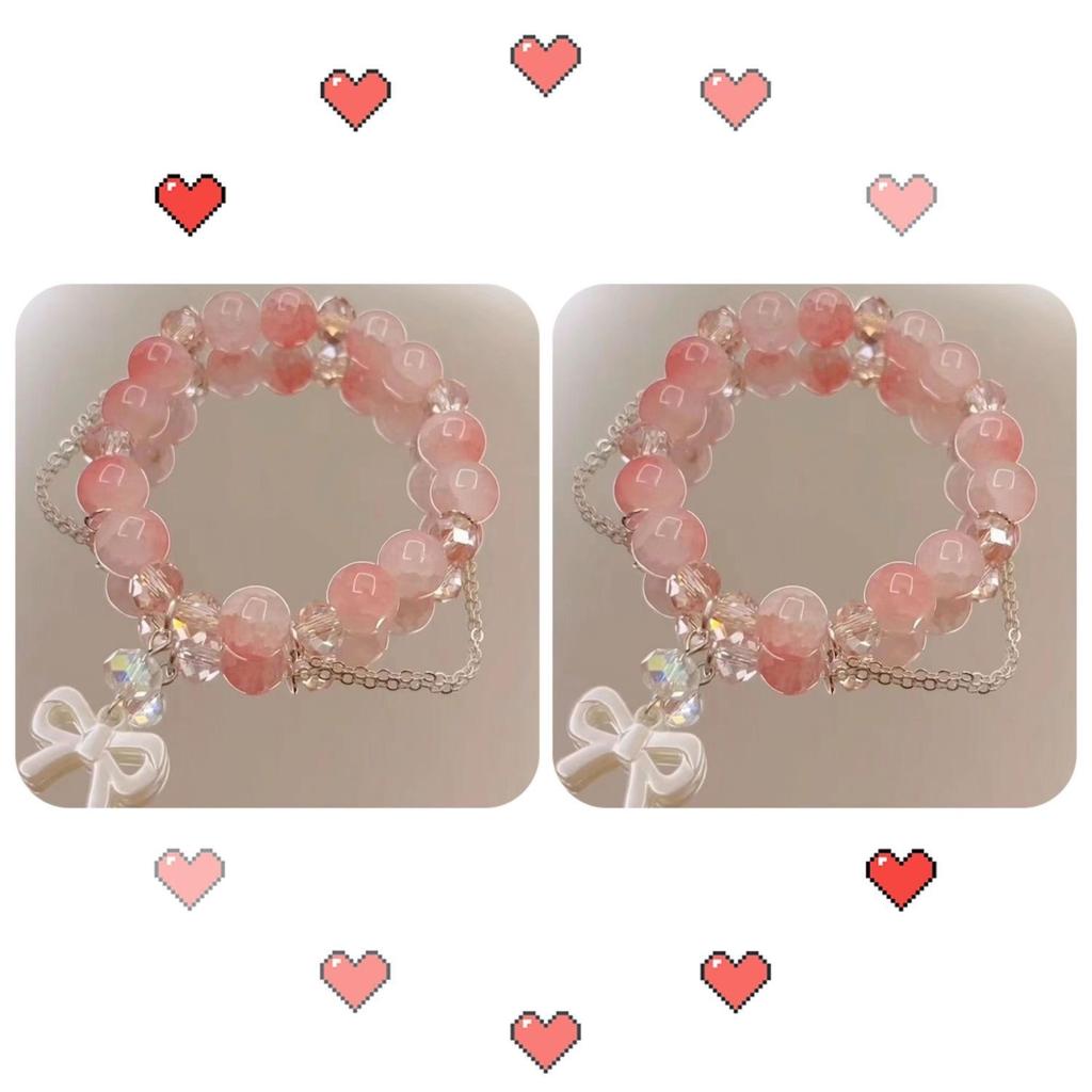 New Peach Powder Glass Beaded Bracelet, Fresh and Sweet Temperament White Bow Bracelet for Girlfriends and Girlfriends