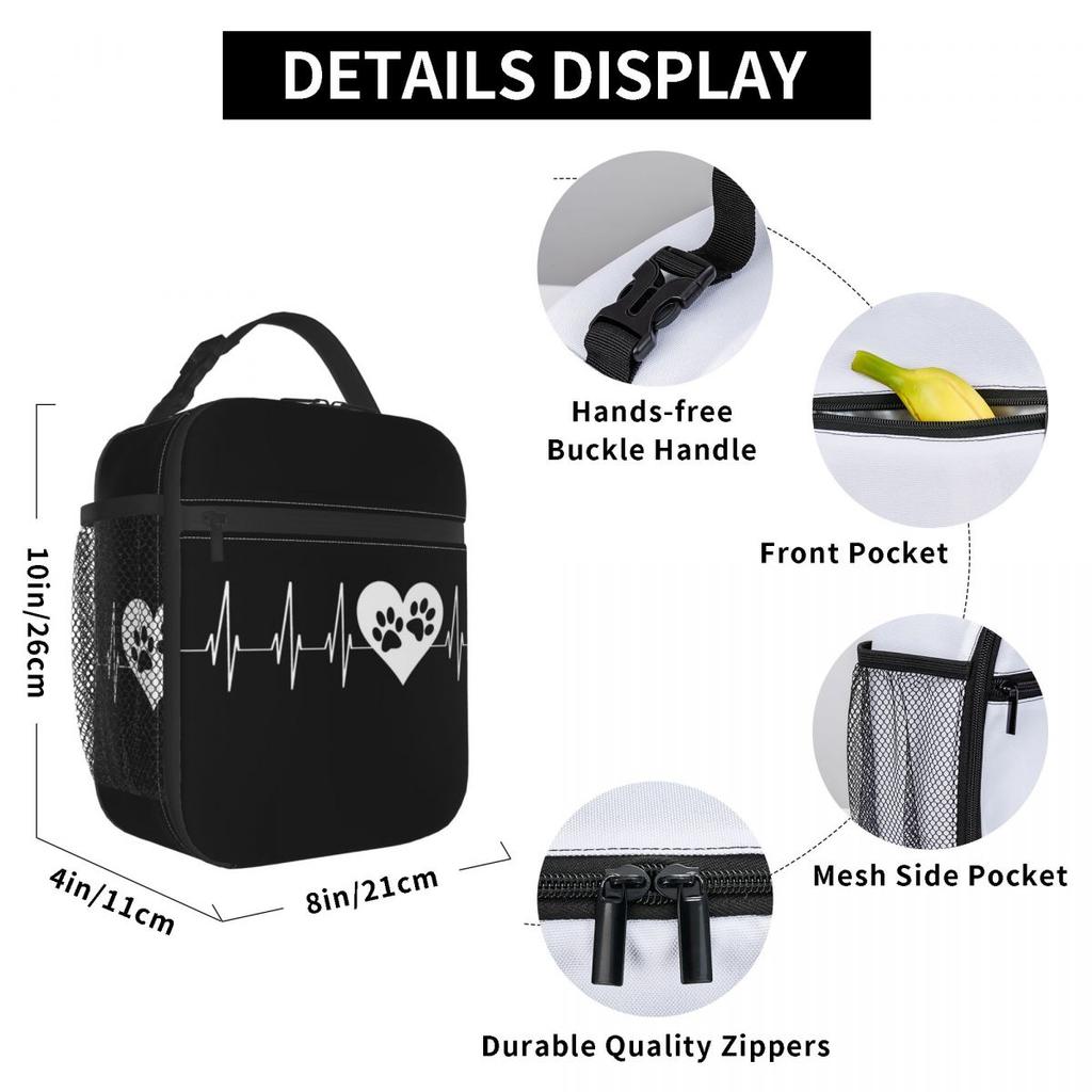 Dog Paw And Heart ECG Heartbeat Insulated Lunch Bag for Women Kids Portable Food Boxes Thermal Lunch Box Tote