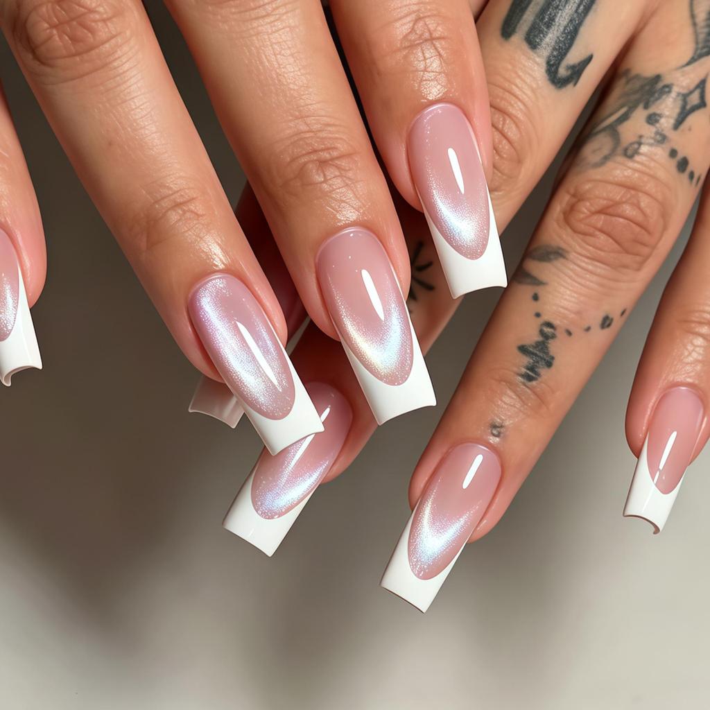 24-Pack Medium & Long White French Ballet False Nails with Glitter Powder