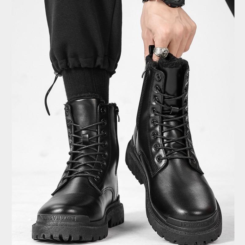 Men's Boots Outdoor Waterproof Leather Boot Classic Black High Top Boot Plush Warm Winter Boots Fashion Motorcycle Boots for Men