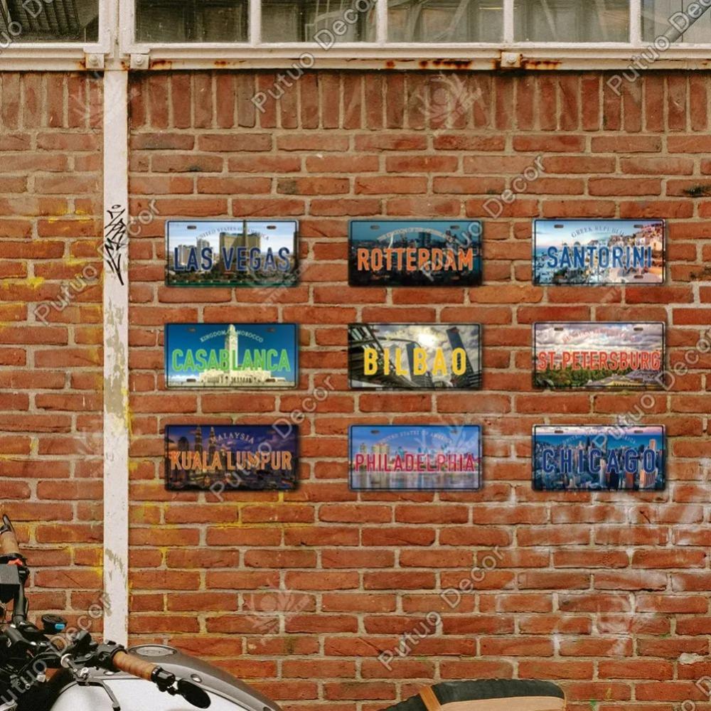 Famous City License Plate Metal Sign Vintage Decor for Home Bedroom Man Cave Wall