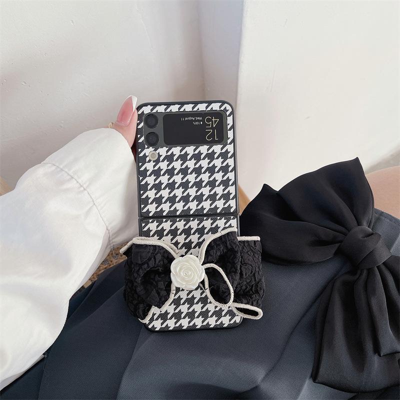 Applicable to Samsung ZFlip3 plaid folding mobile phone case, Japanese and Korean zflip4 generation bow leather hard case protective case