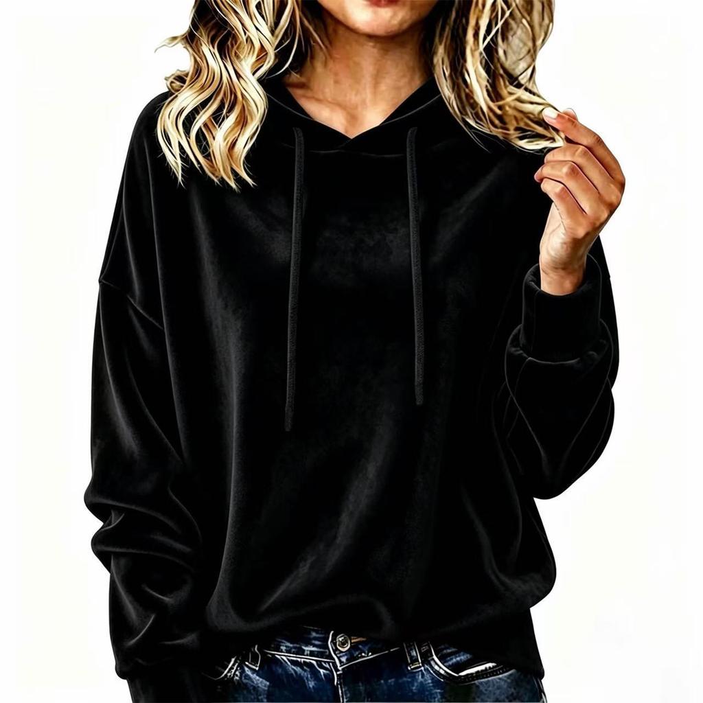 Women's Velvet Hoodie - Color Loose Fit Long Sleeve Top for Casual Wear