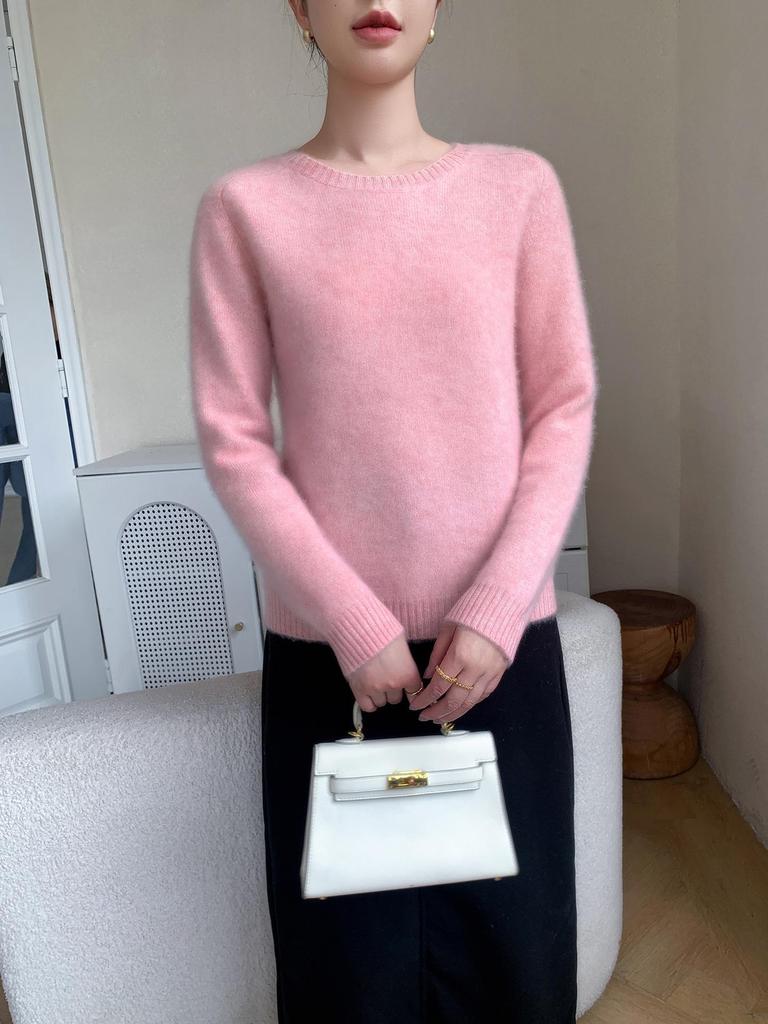 2025 Autumn/Winter Women's Elegant Cashmere Knit Top, Long Sleeve, Loose Fit, Solid Color, Round Neck Sweater