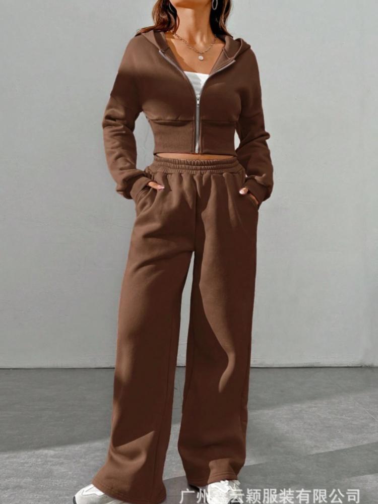 

Женский бежевый повседневный худи на молнии с капюшоном и комплект широких брюк для отдыха S темно-коричневого