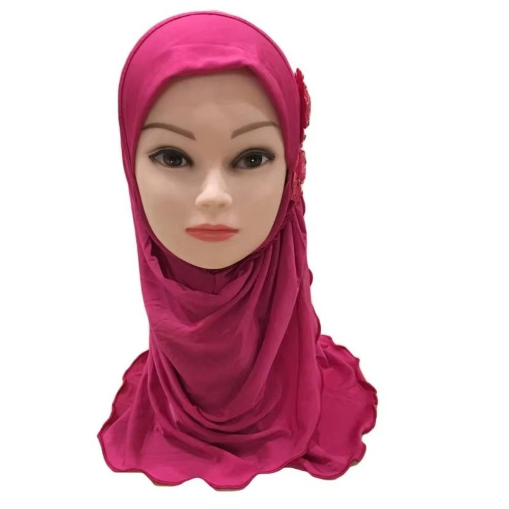 Elastic Children Hijabs Solid Flowers Head Islamic Scarf Shawls  2 To 7 Years Girls