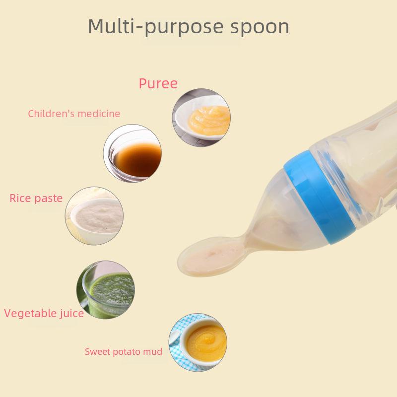 Träningsset med klämflaska och sked för risgröt för bebisar