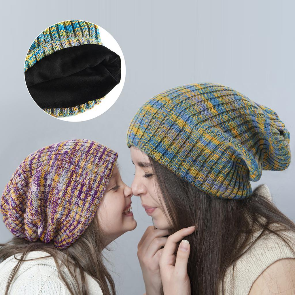 1pc Colorful Fleece Knitted Beanie Hat Double-layer Lining Skull Cap Winter Warm Couple Pile Pullover Cap Parent-child Bonnets