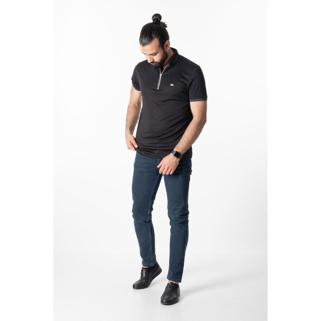 Tricou negru premium cu fermoar cu gât polo pentru bărbați