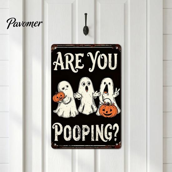 Retro Halloween Decor Wall Sign, Pumpkin Ghost Bathroom Metal Party Ornaments Art Witch Cat Festival Sign for Bar Home Room Vintage Signs