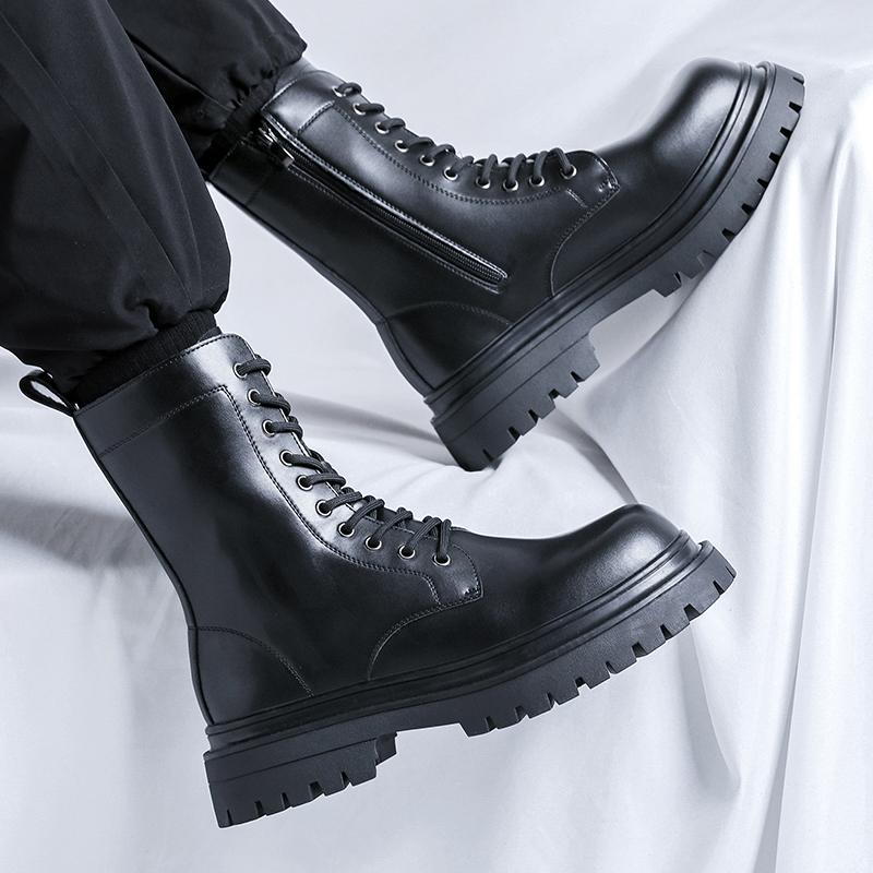 Modische High-Top-Schuhe für Herren mit dicken Sohlen, vielseitiger schwarzer minimalistischer Stil, trendige Party-Motorradstiefel für den Alltag in Jugendqualität