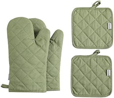 High Temperature Resistant 500 Degree Thickened and Lengthened Kitchen Cotton Cooking Gloves and Pot Holders 4 Piece Set 12 Inches Green