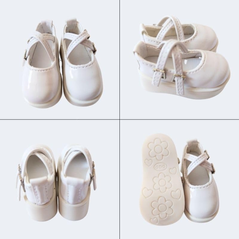 Mimori 14 Doll Shoes, BJD, MSD, MDD, Double Strap, Wide Variety of Doll Shoes (White)