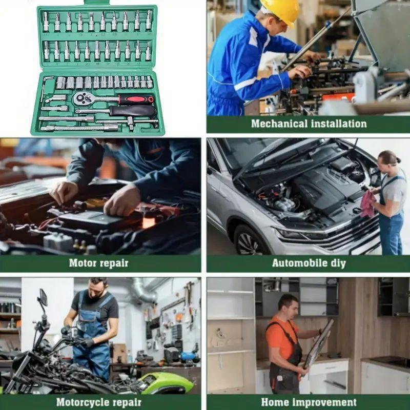 46-teiliges Werkzeugmaschinen-Steckschlüsselset, 1/2 Zoll, 1/4 Zoll, 3/8 Zoll Antrieb, universelles Ratschenschlüsselset mit 72-Zahn-Ratsche, geeignet für den Automobilbereich.