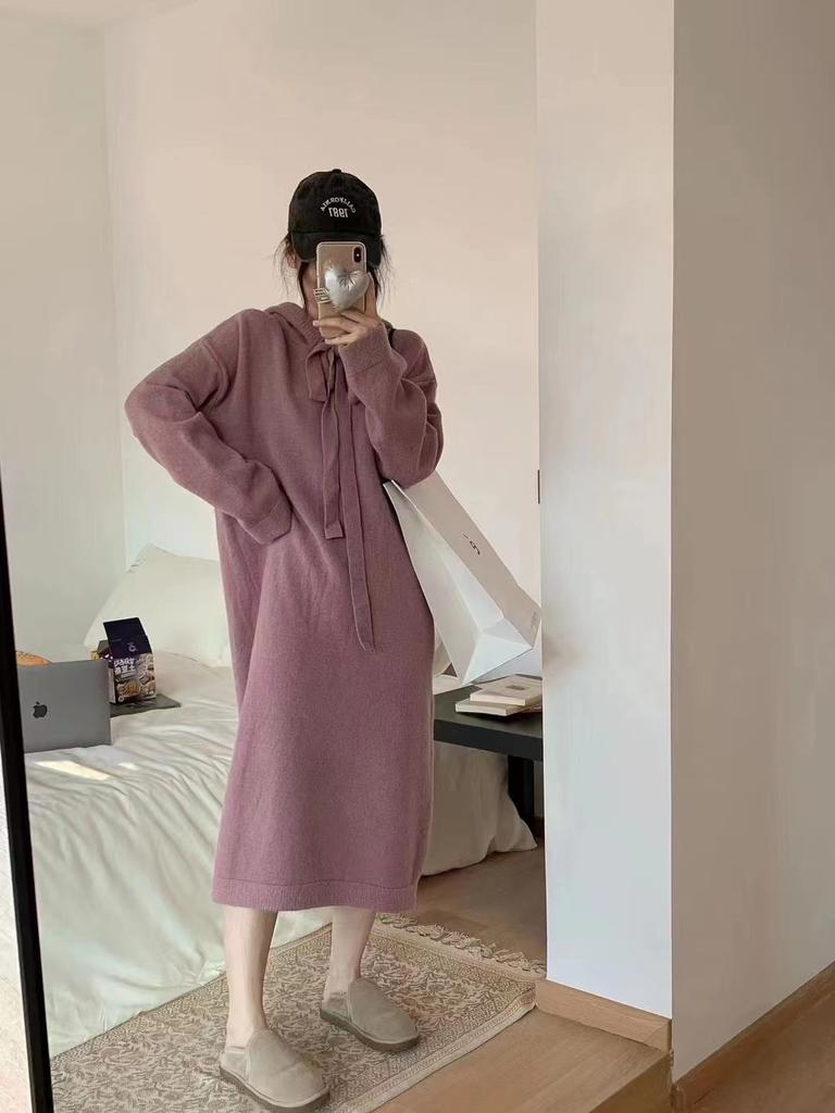 Vintage Long-sleeved Knitted Dress Women's Autumn and Winter Purple Gray Meat Covering and Thin Lazy Hooded Lace-up Sweater Skirt