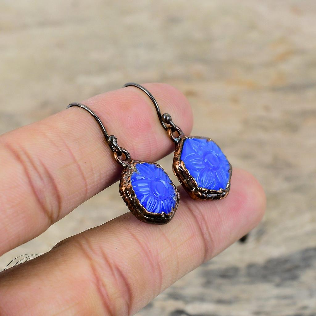 Carved Blue Onyx Earring Electroformed Copper Earrings Handmade Jewelry Genuine Gemstone Earring Electroformed Copper Jewelry Gift For Women