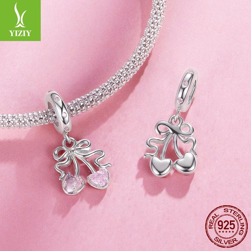 S925 Sterling Silver Pink Cherry Pendant Jewelry Accessories Sweet And Cute Bow Diy Beads