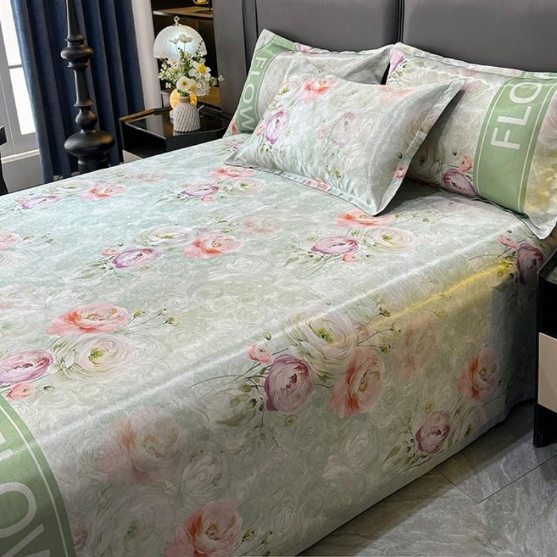 Nordic Style Floral Printed Cooling Mat Set Summer Skin Friendly Ice Silk Bed Sheet Set With Pillowcase Breathable Bed Mattress