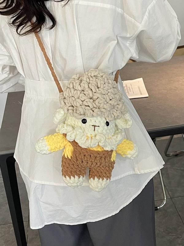Mini Woolen Cartoon Plush Bag With Phone Pocket For Daily Use Girls Gift