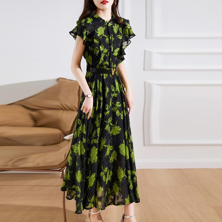 Printed Lotus Leaf Edge Dress Women's Summer New Fashion Temperament Elegant Waist and Thin Skirt