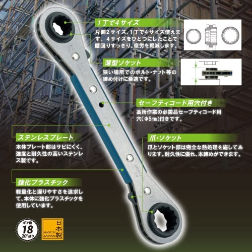 TOP Industrial (TOP) Flat Ratchet Wrench, 4 Sizes: 8x10mm, 12x13mm, 20 Feed, Thin Type, Final Tightening, Maintenance Tool, PRW-3, Tsubame-Sanjo, Mad
