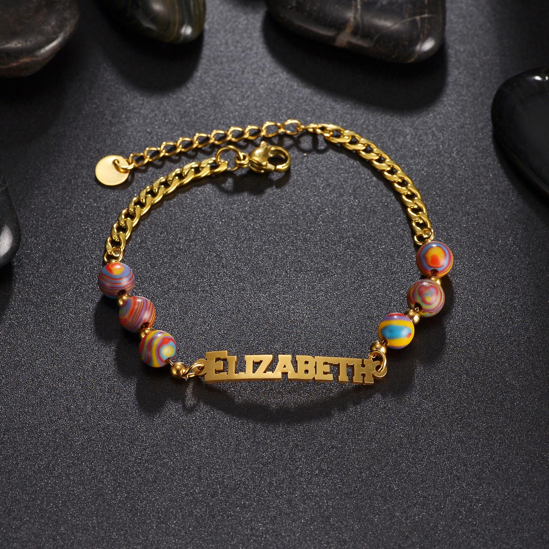 

Atoztide Personalized Custom Name Bracelet Stainless Steel For Women Men Letter Color Beads Chain Bangle Birthday Jewelry Gift Silver color&20cm