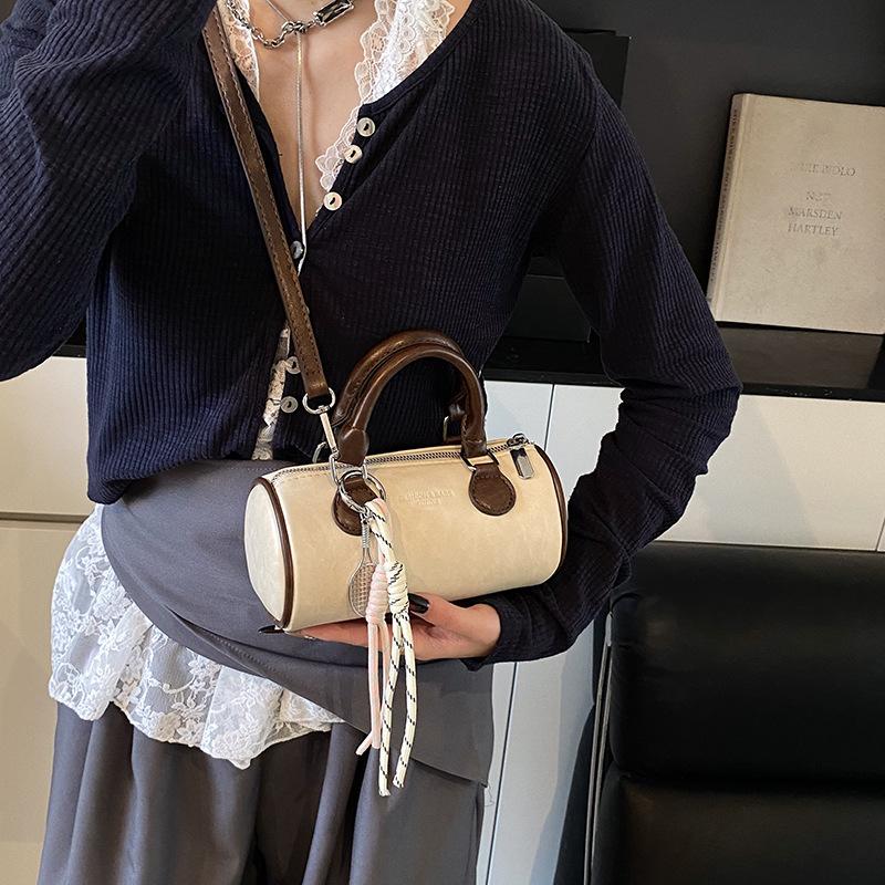 2025 Summer New Simple and Versatile Handbag Women's Retro Contrast Cylinder Bag High-quality Shoulder Crossbody Bag