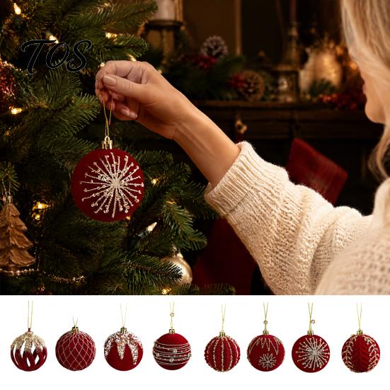Festive Burgundy Party Supplies Velvet Christmas Ball Ornaments, 3.15 Inch Glitter Flocked Tree Ornaments Decoration, Plastic Shatterproof Hanging