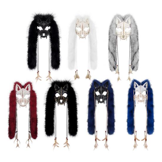 Adjustable Elastic Strap Wolf Mask Viking Skull Mask, Long Fur Ear Tassel Headpiece for Cosplay Themed Party Costume Headgear Party, Halloween