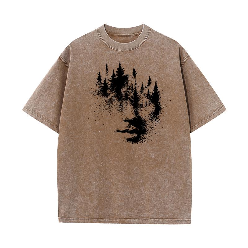 Funny Forest Face Youth Washed TShirt Classic Father Day Short Sleeve ONeck Pure Cotton Tees Hip hop Washed TShirt