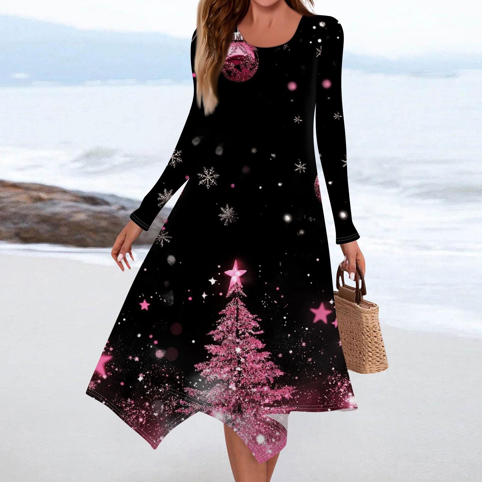 

Женское повседневное облегающее платье с круглым вырезом и длинным рукавом с рождественским принтом и неровным подолом в складку XL чёрный