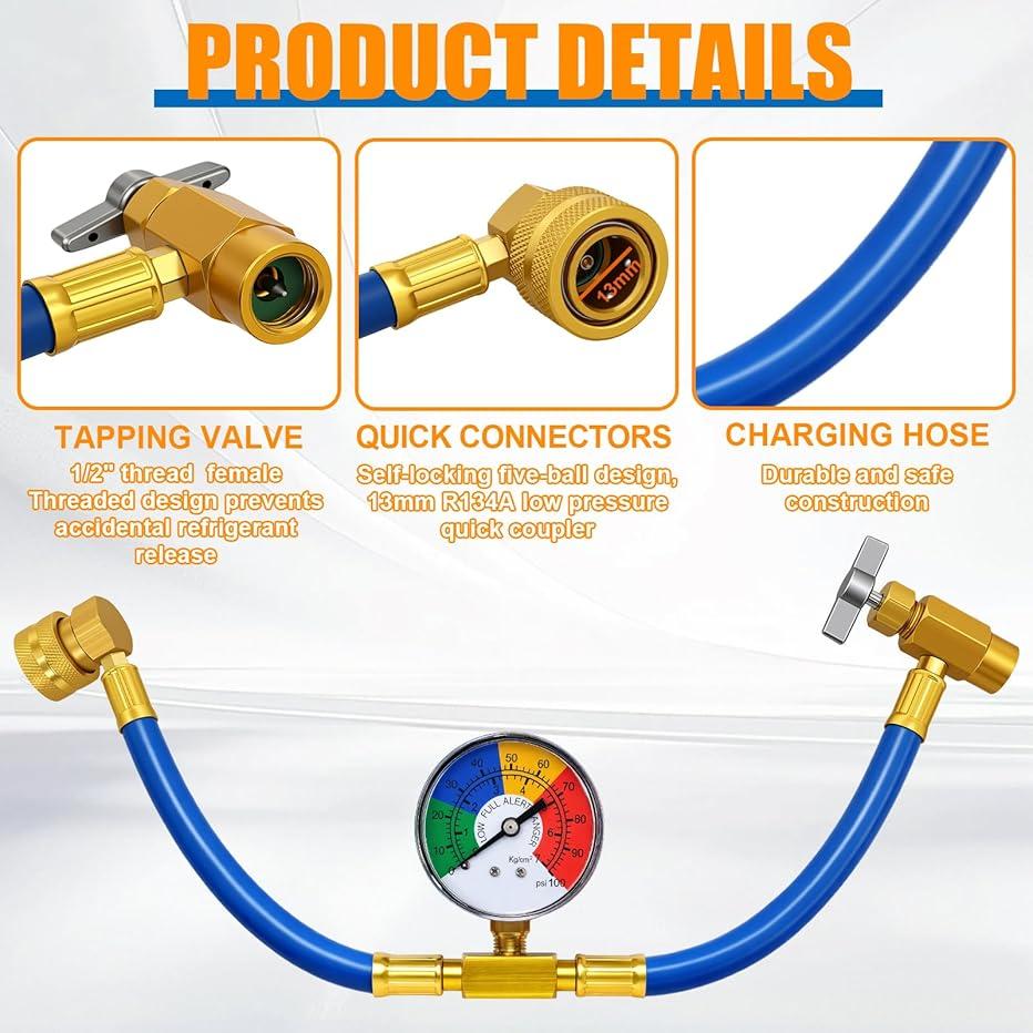 R134A Air Conditioning Refrigerant Charging Hose with Gauge Fits for Car AC Air Conditioning Refrigerant Charging Tool