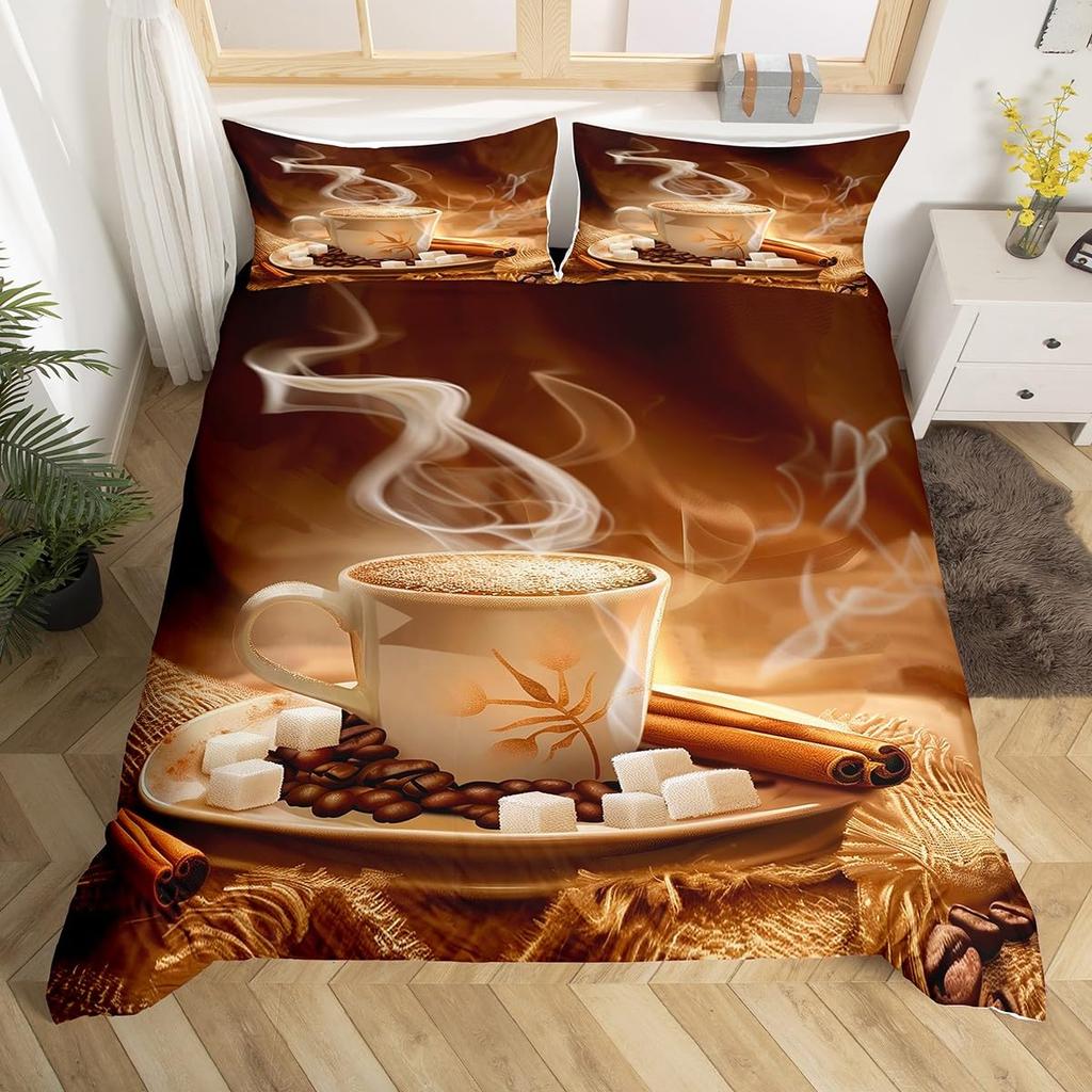 Coffee Duvet Cover Queen King Cartoon Coffee Drink Cup Print Bedding Set Coffee Lover Comforter Cover Modern Brown Quilt Cover