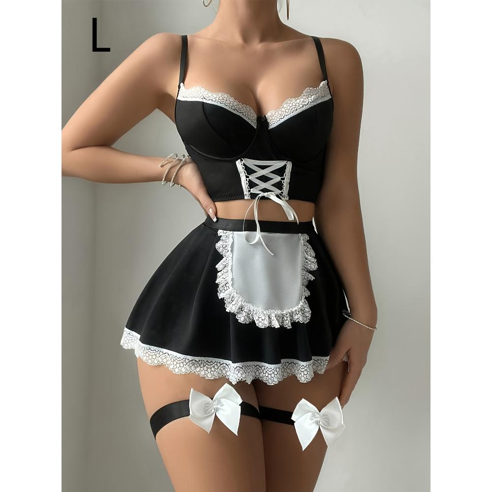 Sexy lace maid apron lingerie set with straps,tempting housemaid costume,intimate outfit with delicate lace for role play and adult fashion wear