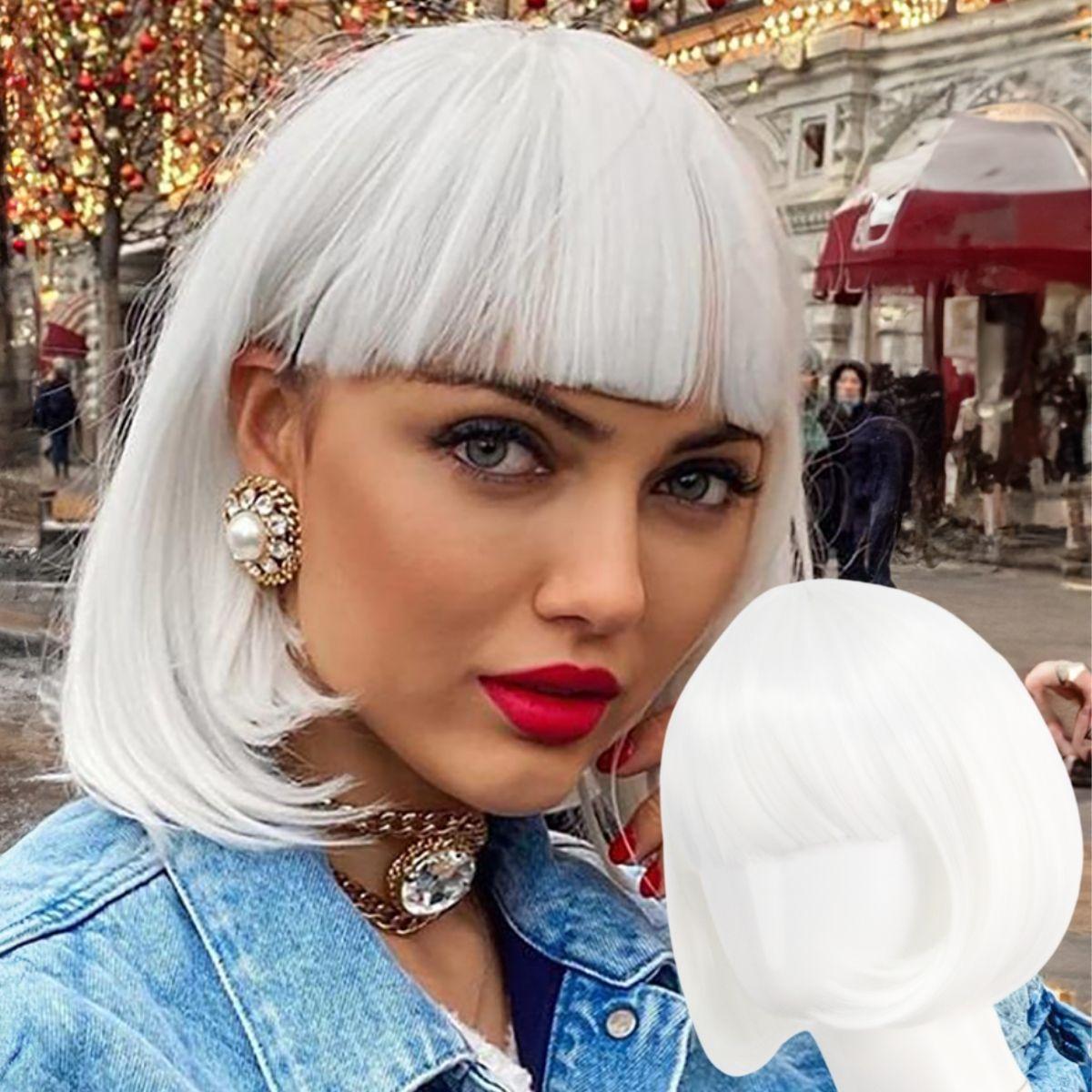 

Fashionable White Short Bob Bangs Wigs Student Hair Synthetic Wigs For Women and Girls Cosplay Costume Party Gifts білий