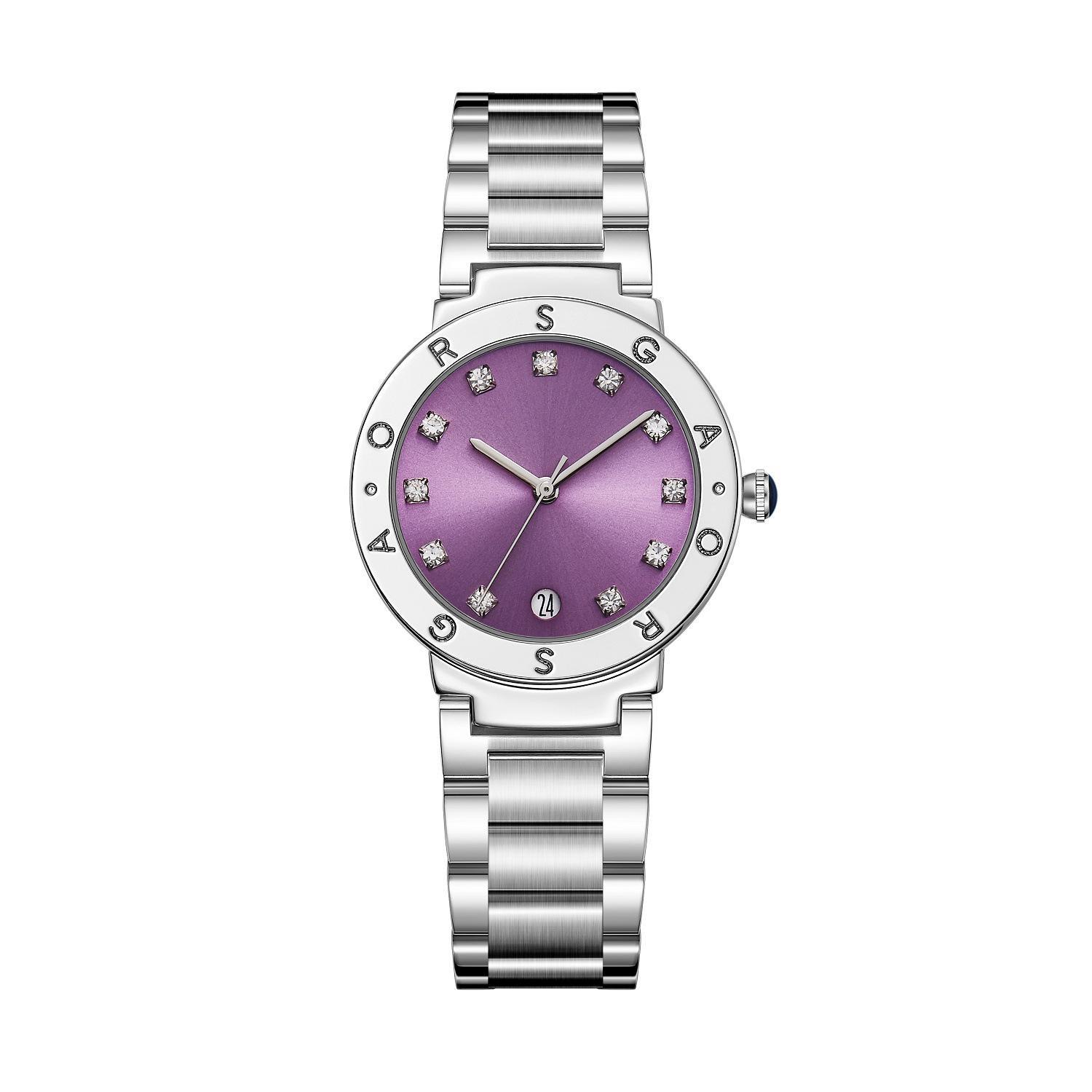 Womens Watch Sparkling Zircon Adorned Dial Steel Bracelet Waterproof Casual Elegant Quartz Wristwatch Silver strap фиолетовый