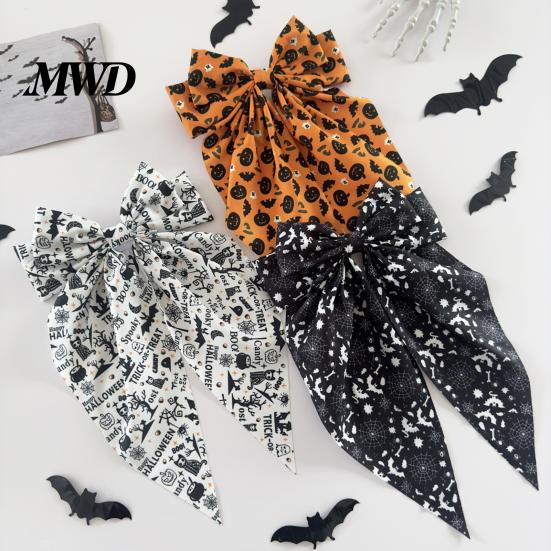Skull Hairpin Accessory Halloween Bow Spring Hair Clips for Women, Pumpkin Skeleton Ghost Hand Printed Holiday Party Clip Fabric Barrettes,