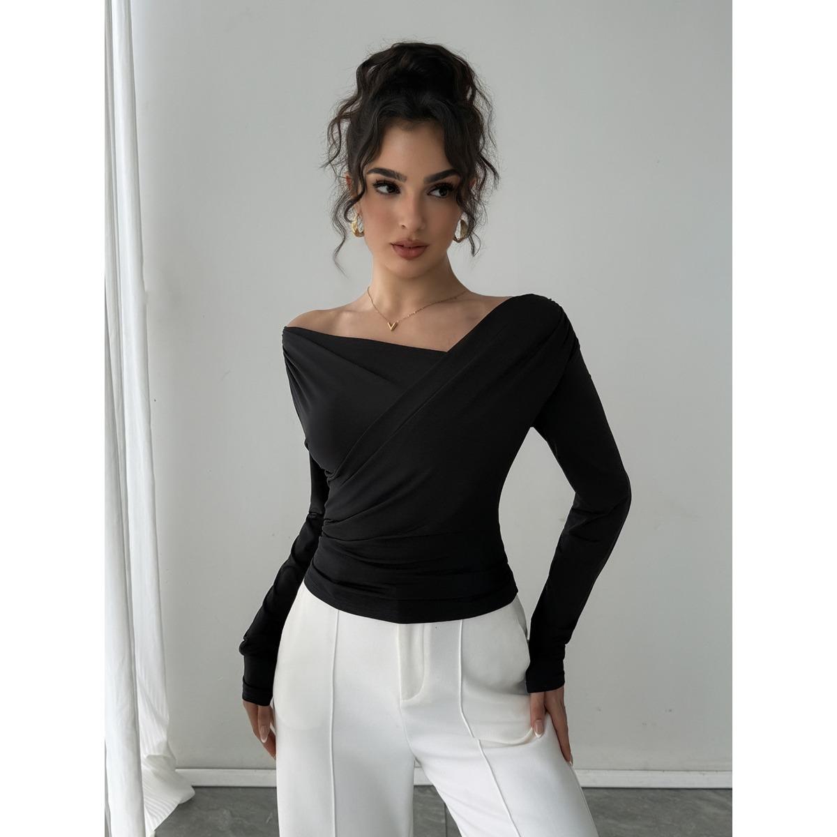 Women s Off Shoulder Long Sleeve Top Slim Fit Elegant Solid Color Wrap Ruched Crop Blouse Tee S