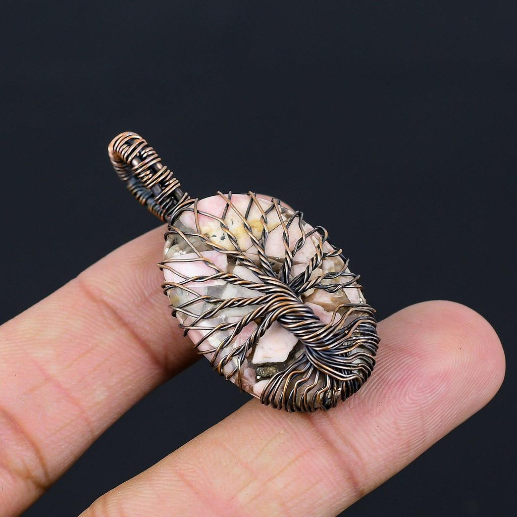 Tree Of Life Copper Rhodochrosite Gemstone Pure Copper Wire Wrapped Handmade Pendant Jewelry