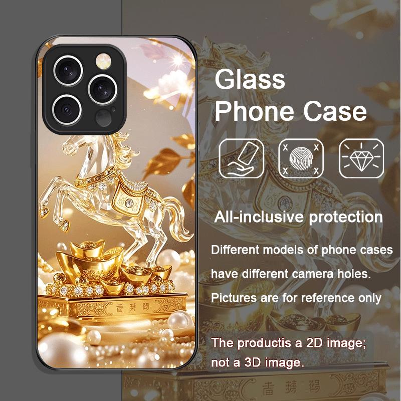

Роскошный Чехол для Телефона из Закаленного Стекла с Золотым Узором Кристальный Конь для IPhone 17 16 Pro Max 15 14 13 12 11 Mini XS XR 7 8 Plus Чехлы iPhone 13 mini