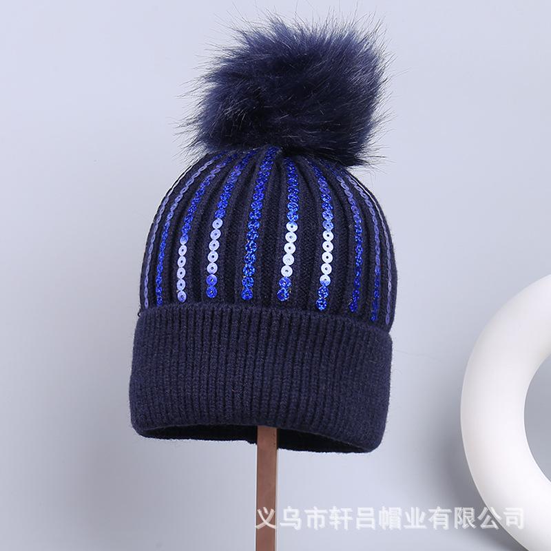 Autumn and winter knitted hat children's fashion sequined hairball versatile wool hat winter velvet thickened warm cold hat