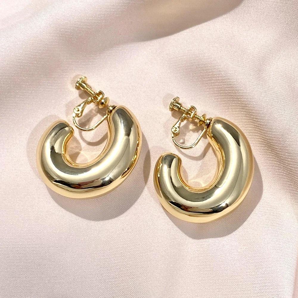 Vintage Oversize Chunky Round Circle Clip Earring for Women C Shape Tube Thick Without Pierced Hoop Earclips Jewelry Trendy