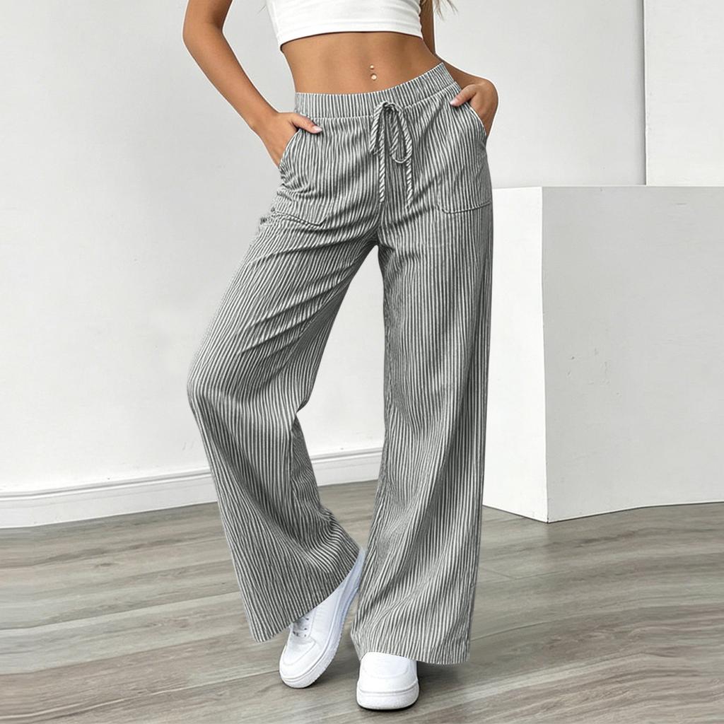 Pantalon Casual Rayé Ample à Taille Serrée Jambes Larges pour Femme avec Poches pour un Port Quotidien Confortable