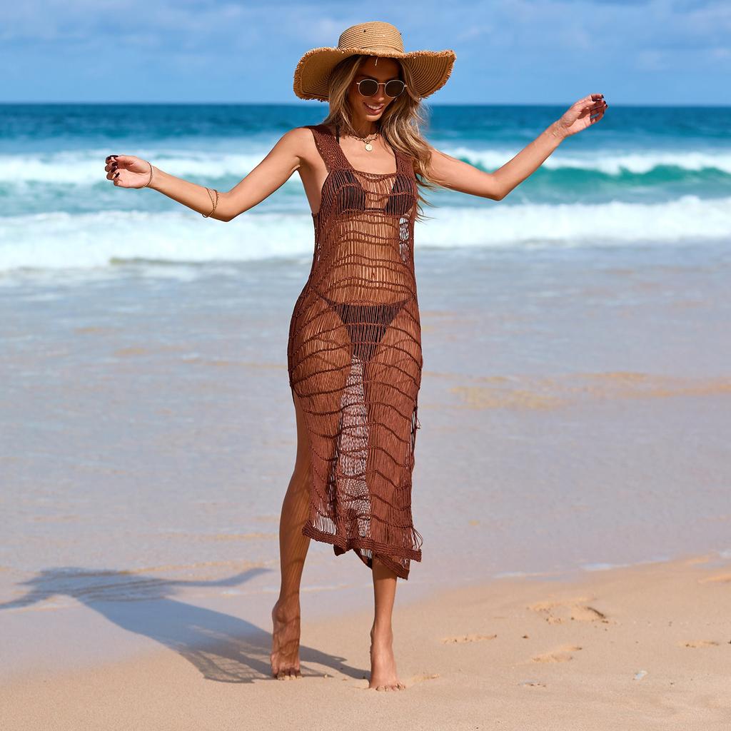 New Suspender Dress Side Split Long Hollow Bikini Outer Blouse Beach Skirt