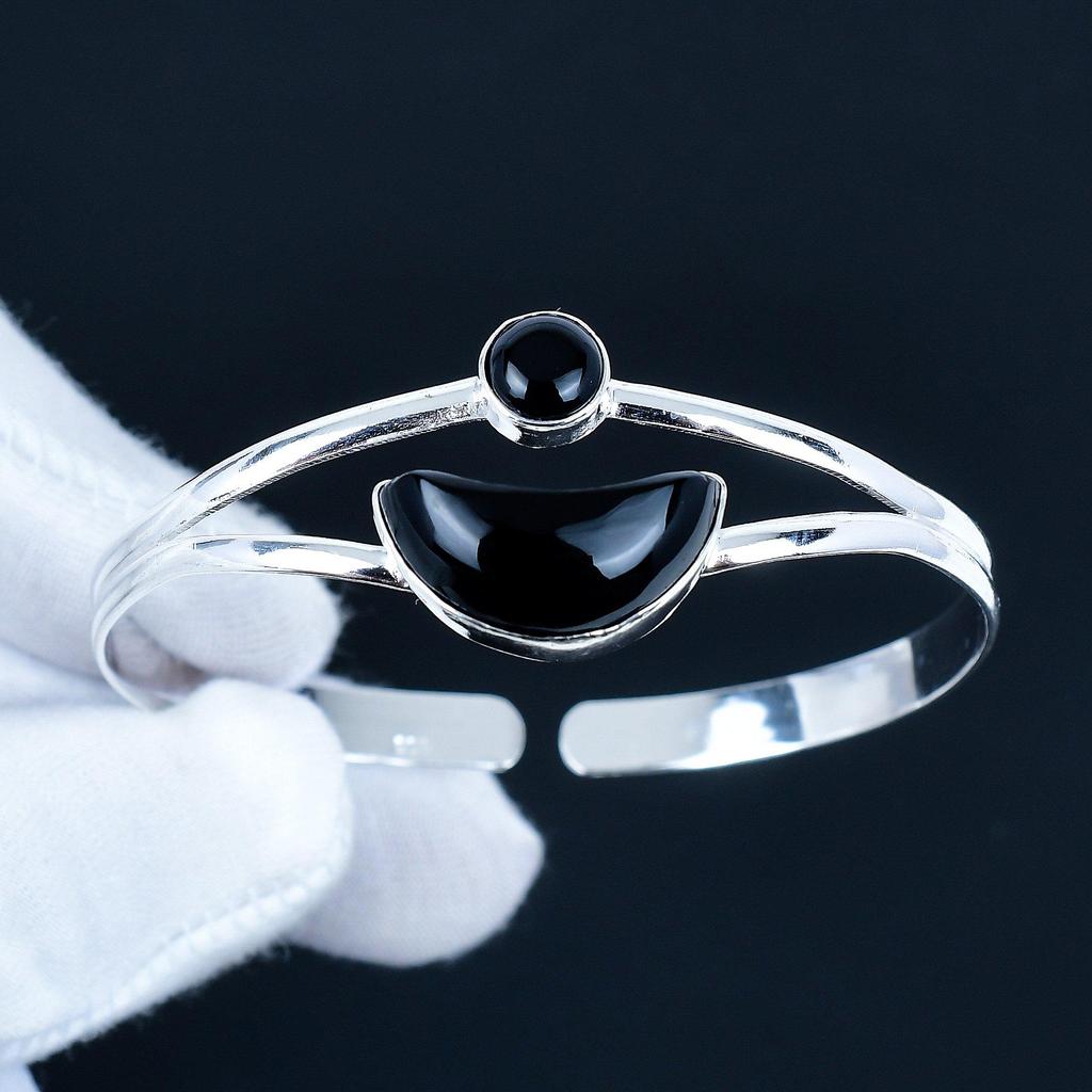 Natural Black Onyx Gemstone Handmade Cuff Bangle 925 Sterling Silver Cuff Bangle, Black Onyx Bracelet For Wife , Unisex Bangle, Gift For Her
