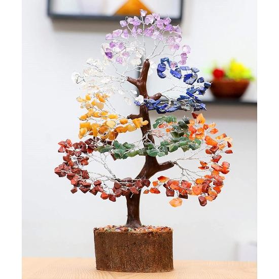 Chakra Tree of Life - 7 Chakra Tumble Stone Hanging, Crystal Tree for Positive Energy - Feng Shui Bonsai, Healing Stone, Attract Good Luck