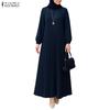 ZANZEA Women Round Neck Long Sleeve Casual Pleated Long Dress